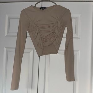 missguided tan long cropped shirt